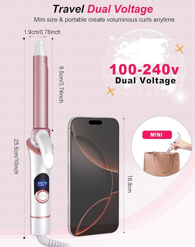Mini Curling Iron for Short Hair - Small Travel Curling Iron with Dual Voltage, Ceramic Barrel, 5 Heat Settings, 60 Min Auto-Off, Portable Curling Wand for Versatile Styling (3/4 inch)