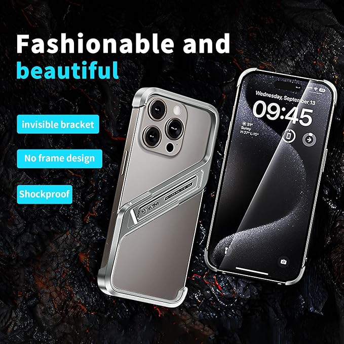Lightweight Aluminum Alloy Shockproof Frame Case for iPhone 15 Pro Max Metal Bumper Cover with Hidden Stand (Gray)