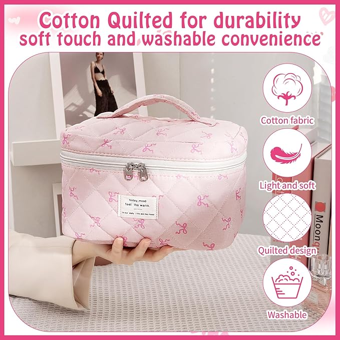 3 Piece Cute Pink Bow Quilted Makeup Bag Set, Large Capacity Travel Makeup Bags for Women and Girls, Includes Small, Medium, and Extra Large aesthetic makeup&Cosmetic Bags (3PCS-Pink SlimBow)