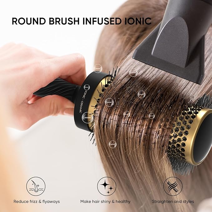 2 in 1 Ceramic Round Brush for Blow Drying,Ceramic Barrel for Hair Styling, Anti-static Bristles, Enhance Texture Volume, for Women & Men,with 4 Hair Clips (2.1 Inch&1.3 Inch)