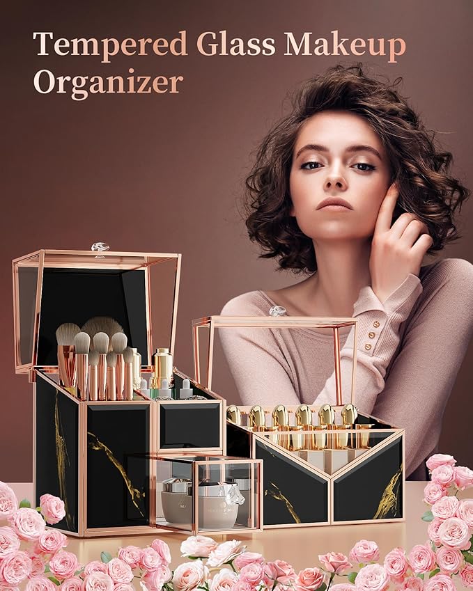 Makeup Organizer Countertop Glass – Vanity Holder with 18-Slot Lipstick Organizer & Covered Makeup Brush Holder – Skincare, Perfume & Cosmetic Display for Bathroom or Dresser
