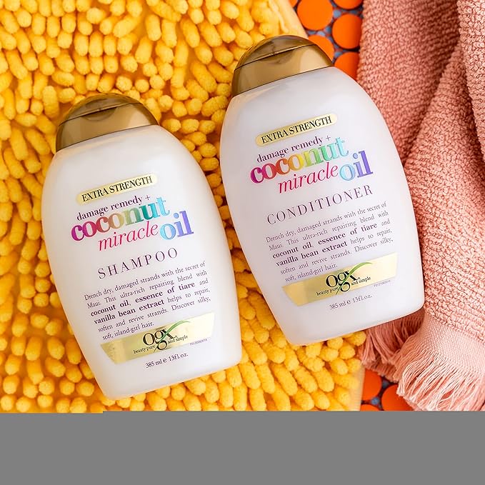 OGX Extra Strength Damage Remedy + Coconut Miracle Oil Conditioner for Dry, Frizzy or Coarse Hair, Hydrating & Flyaway Taming Conditioner, Paraben-Free, Sulfate-Free Surfactants, 13 fl oz (Pack of 2)