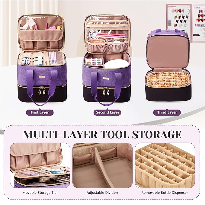 Nail Polish Organizer, Double Layer Nail Organizer and Storage Box Holds 42 Bottles & Nail Tech Kit Supplies, Large Capacity Nail Polish Organizer Case Carrying Bag