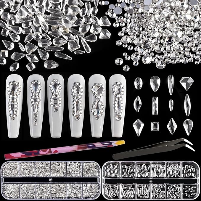 Multi Shapes Transparent White 3D Glass Crystal Nail Art Rhinestones Kit with Flatback Round Bead Charm Gem Stone Jewelry Diamond with Pickup Pen + Tweezer for Manicure Makeup DIY Craft Decoration