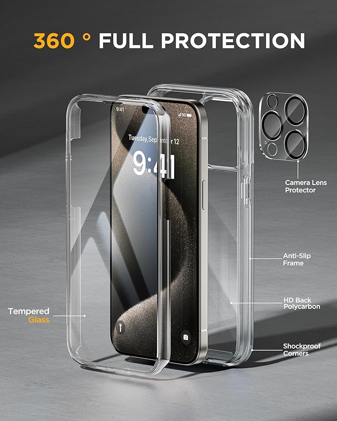 Miracase Glass Series for iPhone 15 Pro Max Case 6.7 Inch, Full-Body Drop Proof Phone Case for iPhone 15 Pro Max with Built-in 9H Tempered Glass Screen Protector + Camera Protector, Clear