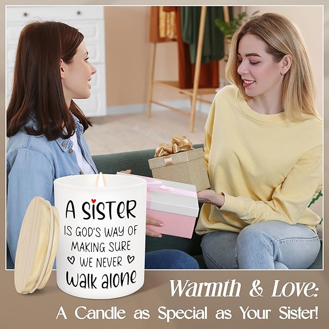 TEEZWONDER Mothers Day Gifts for Sister - A Sister Never Walk Alone Long Lasting Vanilla Lavender Candle 10 oz - Sister Mothers Day Gift Ideas, Christian Birthday Gifts for Women Sisters