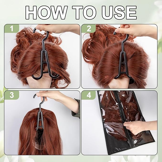 2packs Hanging Wig Stand 2Packs Wig Storage Bags Dust-proof Wig Bags With Hanger With Clear Zipper Closure for Multiple Wigs Hats and Hair Extensions Accessories (White stand-Hot Pink bag)