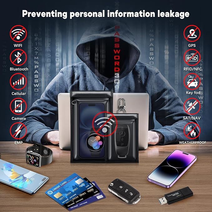 2 Pack Faraday Bags for Phones & Key Fobs, Anti-Theft Signal Blocking Pouch, Fireproof & Waterproof RFID Faraday Cage for Car Keys, Phones, and RFID Cards, Portable Design (Black)
