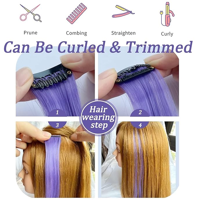 20 Inch Colored Party Highlights Straight Hair Clip Extensions Heat-Resistant Synthetic Hair Extensions in Multiple Colors 12PCS(Teal Lavender)