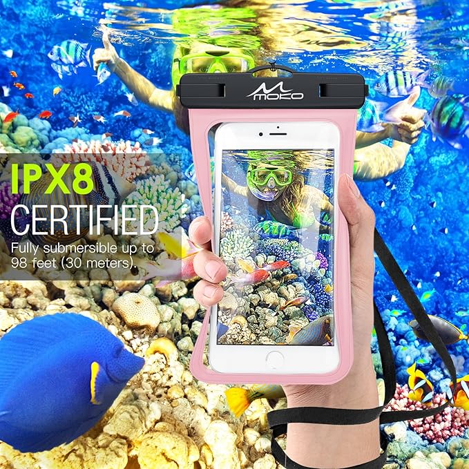 MoKo Waterproof Phone Pouch Holder, Cellphone Case Dry Bag with Lanyard Armband Compatible with iPhone 16 15 14 13 12 11 Pro Max X/Xr/Xs Max/SE 3, Samsung S24/S23/S21/S20/S10/S9, Pearly Pink