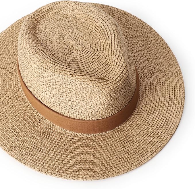 DRESHOW Women Straw Panama Hat Travel Fedora Beach Sun Hat Summer Wide Brim Straw Roll up Hat UPF 50+