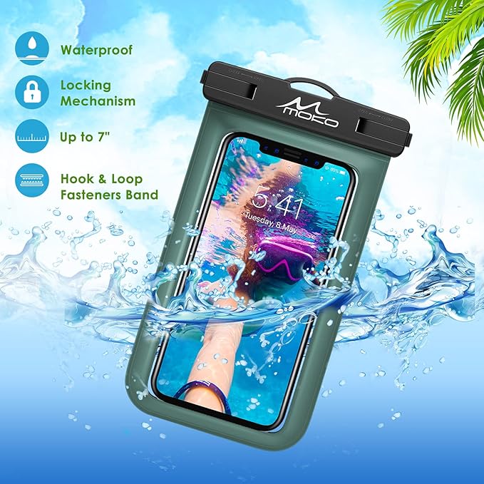 MoKo Waterproof Phone Pouch Holder, Underwater Cellphone Case Dry Bag with Lanyard Armband Compatible with iPhone 16 15 14 13 12 11 Pro Max X/Xr/Xs Max/SE 3, Samsung S24/S23/S21/S20/S10/S9, Army Green