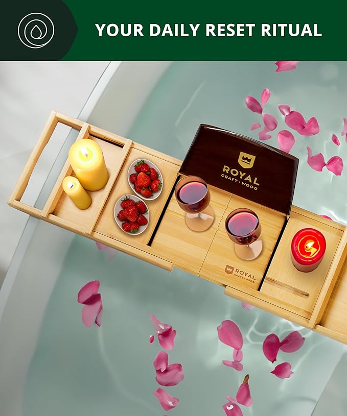 ROYAL CRAFT WOOD Premium Foldable Bathtub Tray - Wood Bath Tray for Tub, Bamboo Shelf, Expandable Bath Table Trays, Bathtub & Bathroom Accessories for New Home & Mothers Day & Birthday Gifts for Mom