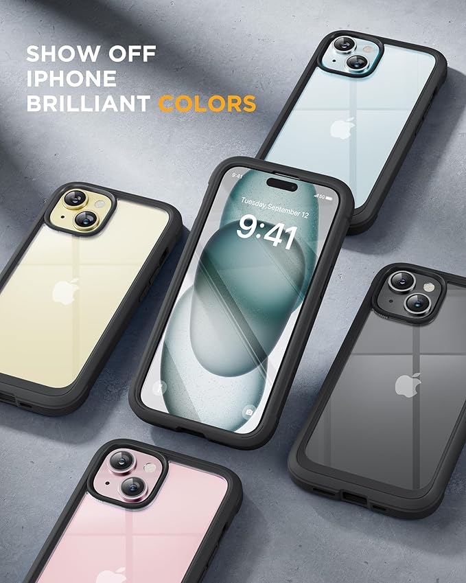 Miracase Glass Series Designed for iPhone 15 Plus Case 6.7',Full-Body Military Drop Proof 15 Plus Phone Case Cover with Built-in 9H Tempered Glass Screen Protector,Black