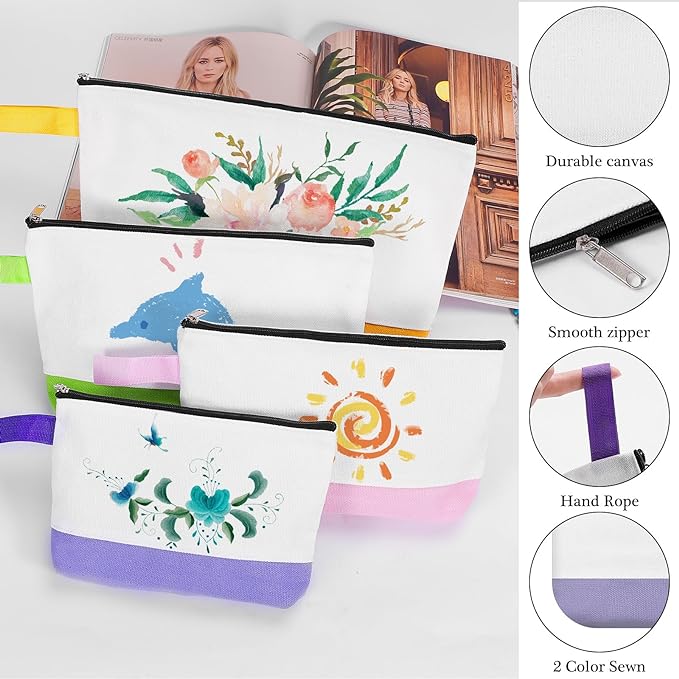 10 Pieces Cotton Canvas Makeup Bag with Bottom and Strap, Multi-Purpose Cosmetic Bag with Zipper Travel Toiletry Pouch, Blank DIY Craft Bag (Multicolor 03, XS)