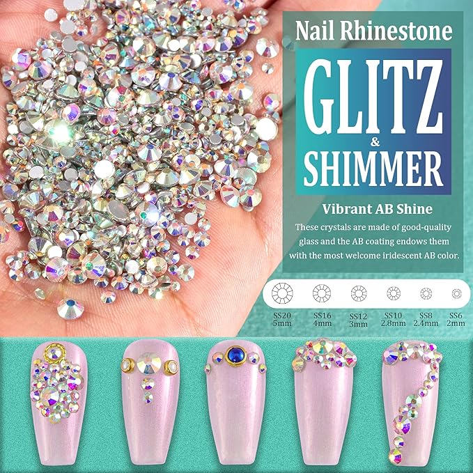 6 Sizes AB Glass Crystal Kit with Pickup Pen + Tweezer Tools for Iridescent Shine Nail Art Manicure Makeup DIY Decoration Flatback Round Rhinestone Gem Jewelry Diamond