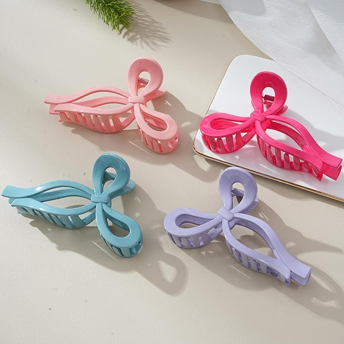 4 PCS Bow Hair Clips Bow Claw Clip for Women Nonslip Large Hair Claw Clips for Thin and Thick Hair Strong Hold Hair Bows (Pink+Watermelon Red+Light Purple+Sky Blue)