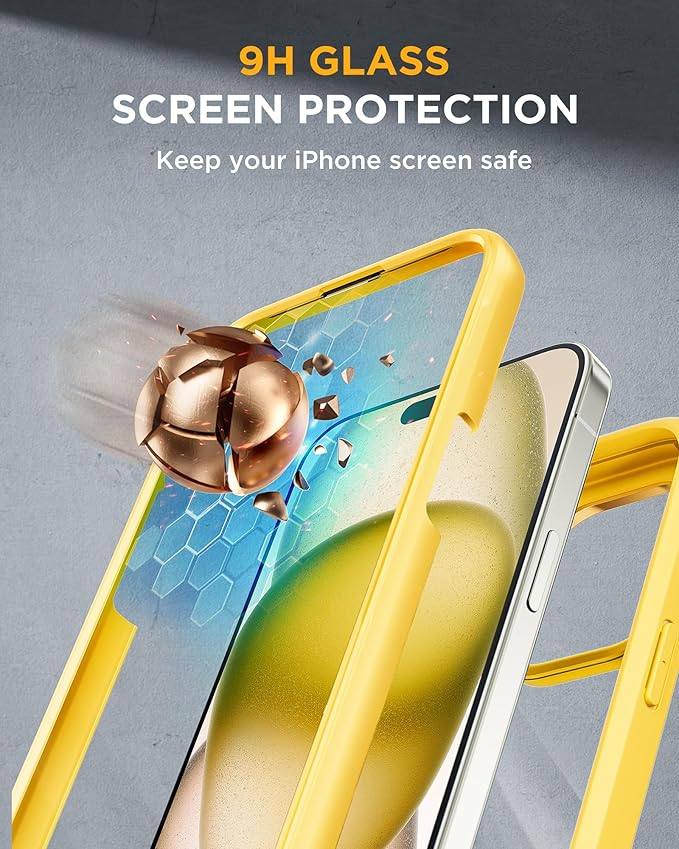 Miracase Glass Series Designed for iPhone 15 Plus Case 6.7',Full-Body Military Drop Proof 15 Plus Phone Case Cover with Built-in 9H Tempered Glass Screen Protector,Yellow