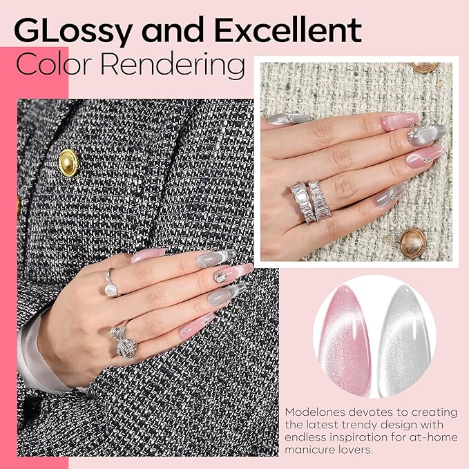 modelones Cat Eye Gel Nail Polish, 2 PCS 15ML Pink Sliver Holographic 9D Cat Eye Glitter Multichrome Silver Pink Shades Polish with Magnet Soak Off Led Nail Art Gel DIY Salon Gift