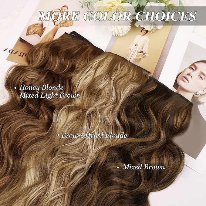 MORICA Invisible Wire Hair Extensions - 20 Inch Honey Blonde Mixed Light Brown Long Wavy Synthetic Hairpiece with Transparent Wire Adjustable Size, 4 Secure Clips for Women
