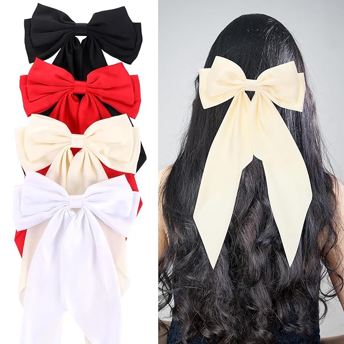 Silky Satin Oversized Hair Bows for Women Girls 4 PCS Hair Ribbon Bow Hair Clips with Long Tails(Black, White, Red, Beige )