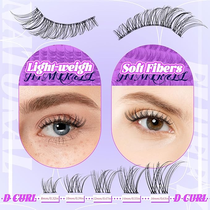 Natural Lash Clusters Kit Wispy Lash Invisible Lash Band Cluster Eyelash Extensions Kit 8-16mm Individual Lashes Extension DIY D Curl Eyelash Clusters with Waterproof Clear Lash Band Clusters