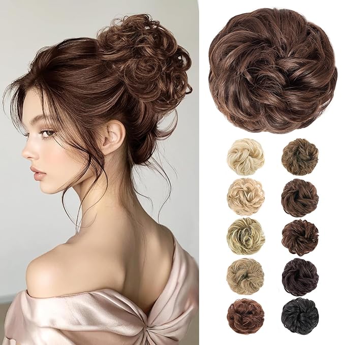 MORICA 1PCS Messy Hair Bun Hair Scrunchies Extension Curly Wavy Messy Bun Synthetic Chignon Hairpieces for Women (4/30#(Dark Brown & Light Auburn Mixed))