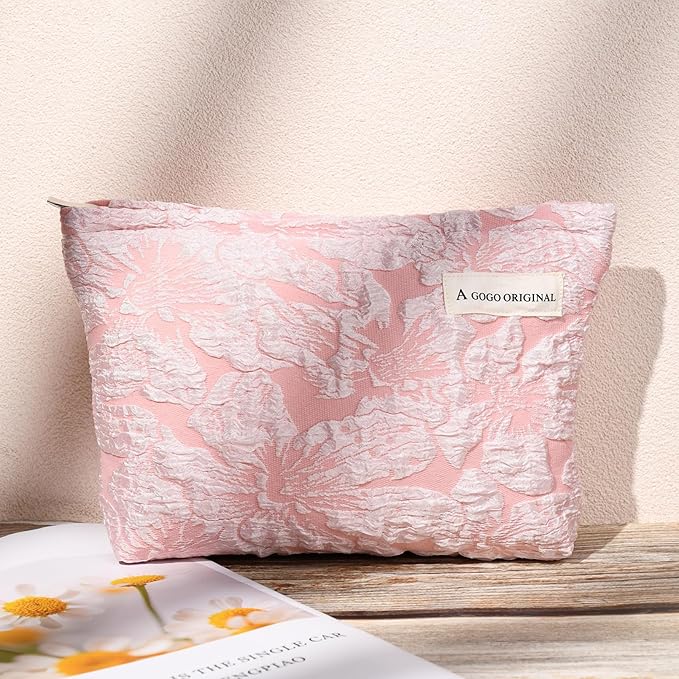 2 Pieces Flower Makeup Bag Large Floral Cosmetic Bag Capacity Canvas Travel Toiletry Bag Organizer Cute Makeup Brushes Aesthetic Accessories Storage Bag for Women, Flower L White Pink