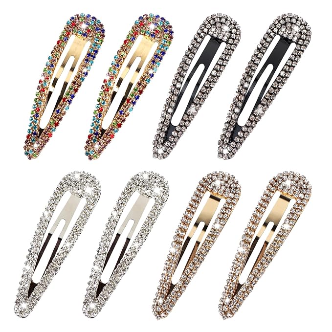8PCS Rhinestone Hair Clips, Water Drop Crystal Hair Barrettes, Bling Metal Snap Duckbill Hairpins Sparkle Hair pin, Glittering Hair Accessories for Women Girls-Color, Gold, Silver, Black