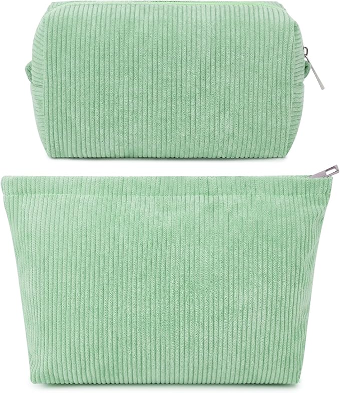 2 Pcs Corduroy Makeup Bag Large Cosmetic Bag Toiletry Bag Makeup Pouch Travel Bag Organizer Cute Makeup Brushes Aesthetic Accessories Storage Bag for Women Green