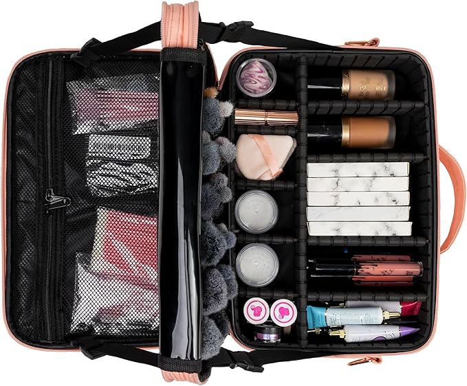 (Not Made In China) 2 Pack, Makeup Train Case, Cosmetic Travel Organizer For Professional Beauty Artist, Portable Storage Bag W/Adjustable Dividers For Jewelry and Brushes (Pink, Large)