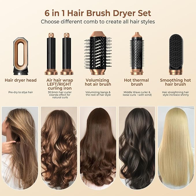6 in ONE Blow Dryer Brush, Curling Wand Hair Styling Tools Set, Ionic Hot Air Brush Hair Dryer, Massage Oval Hair Dryer Brush, Left&Right Hair Curlers (Black Gold)
