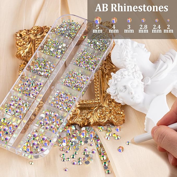 Nail Art Rhinestones Kit with Flatback Crystal (AB&Clear + AB) Gems, (White & Beige) Half Pearls with Dotting Tools, Nail Rhinestones Jewels for Manicure Makeup