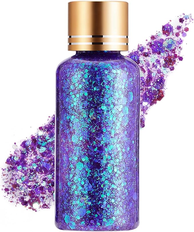 Holographic Body Glitter Gel for Face, Body, Nail, Super Long Lasting Waterproof Quick Dry Liquid Chunky Glitter Eyeshadow for Rave Festival Party Makeup Accessories, 1oz (Gemstone Blue)