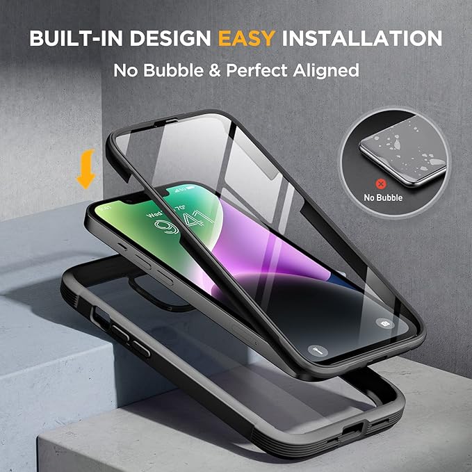 Miracase Glass Series Designed for iPhone 14 Plus Case 6.7 inch, 2023 Upgrade Full-Body Clear Bumper Case with Built-in 9H Tempered Glass Screen Protector and Camera Lens Protector,Black