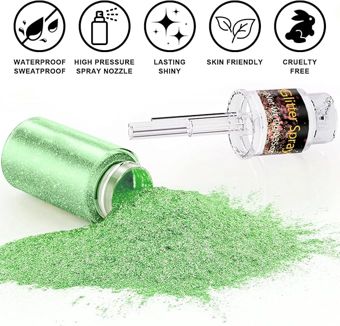 Hair and Body Glitter Spray, 1PC Green Glitter Hairspray Dry Powder Makeup for Clothes, Festival Rave Prom Loose Sparkle Powder,Holographic Ultra Fine Resin Glitters for Crafts,10g (Green)