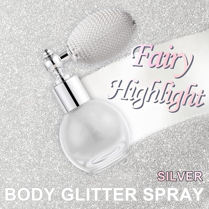 Hair and Body Glitter Spray, Holographic Glitter Highlighter Powder, Face Body Clothes Shiny Glitter, Loose Shimmer Hairspray Festival Rave Prom Accessories (Silver)