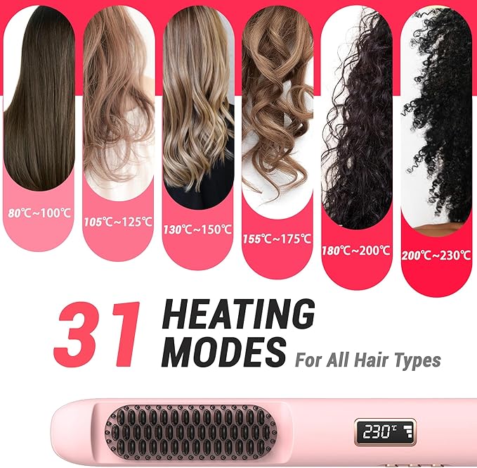 1” Flat Iron with Straightening Comb, 2-in-1 Hair Straightener Brush for Styling and Frizz Control, 30+ Temps, Negative Ions Hair Care, Dual Voltage, for All Hair Types, Pink