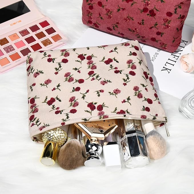 2 Pieces Rose Makeup Bag Large Corduroy Cosmetic Bag Capacity Canvas Travel Toiletry Bag Organizer Cute Makeup Brushes Aesthetic Accessories Storage Bag for Women, Rose L White Pink