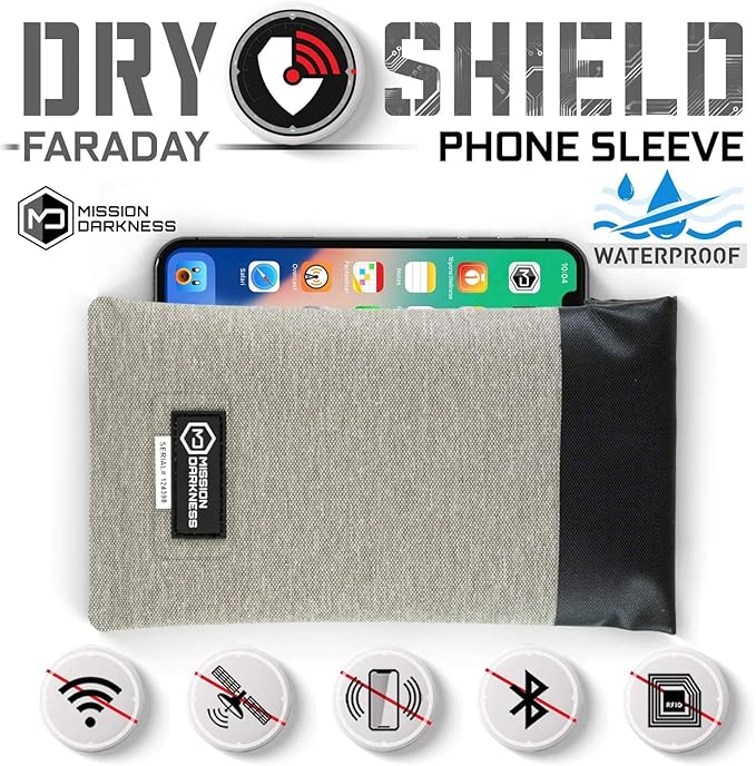 Mission Darkness Dry Shield Faraday Phone Sleeve // Slim Waterproof Dry Bag for Cell Phones + RF Shielding Liner // Signal Blocking, Anti-tracking, EMP Shield, Data Privacy, Electronic Device Security