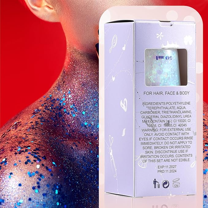 JASSINS 2 Pack Face Body Glitter, 100ml Rose-red and White Glitter Gel Makeup for Women Girls Kids, Singer Concerts Festival Rave Accessories, Chunky Mermaid Sequins Glitter