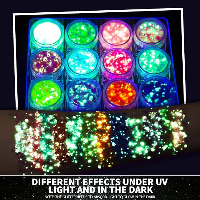 Teenitor 12 Colors Glow in The Dark Glitter Gel, Face Glitter Body Glitter Gel Hair Glitter for UV Black Light Makeup Raves Festivals