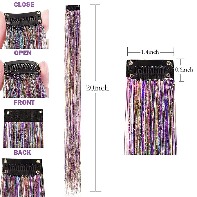 9 PCS Girls Hair Accessories Party Highlights Colorful Clip in Tinsel Hair Extensions,Synthetic Straight Long Hairpieces (Rainbow Color)