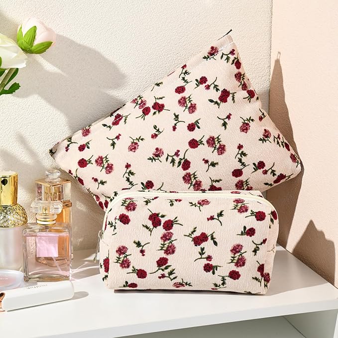 2 Pieces Rose Makeup Bag Large Corduroy Cosmetic Bag Capacity Canvas Mix Travel Toiletry Bag Organizer Cute Makeup Brushes Aesthetic Accessories Storage Bag for Women, Rose Mix White