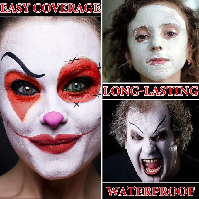 2Pcs Clown Black White Red Face Paint,Professional Waterproof Body Paint Halloween Makeup Kit Face Paint Clown Cosplay Costume Joker SFX Zombie Face Painting White Makeup