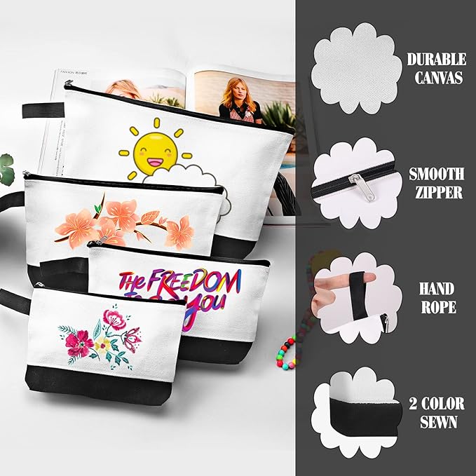10 Pieces Cotton Canvas Makeup Bag with Bottom and Strap, Multi-Purpose Cosmetic Bag with Zipper Travel Toiletry Pouch, Blank DIY Craft Bag (White&Black, XS)