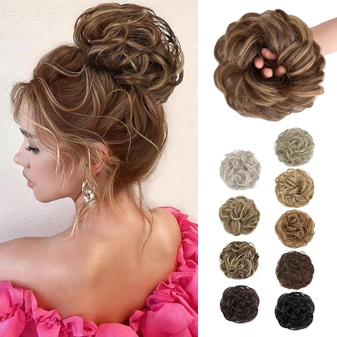 MORICA 1PCS Messy Hair Bun Hair Scrunchies Extension Curly Wavy Messy Bun Synthetic Chignon Hairpieces for Women (Strawberry Blonde & Light Ash Brown)