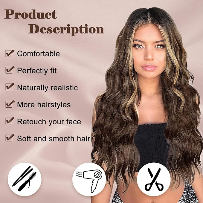 NAYOO Long Brown Mixed Blonde Wavy Wig for Women 26 Inch Middle Part Curly Wavy Wig Natural Looking Synthetic Heat Resistant Fiber for Daily Party Use (Brown Mixed Blonde)