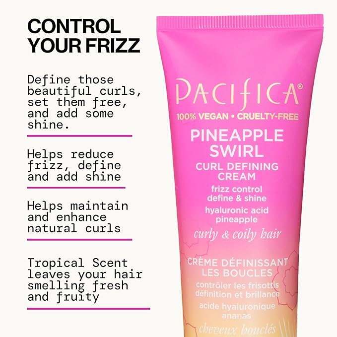 Pacifica Pineapple Swirl Curl Defining Cream for Curly Hair 4 oz – Frizz Control & Curl Enhancer Styling Cream for Curly & Wavy Hair Coconut Oil & Hyaluronic Acid Defines & Adds Bounce Without Crunch