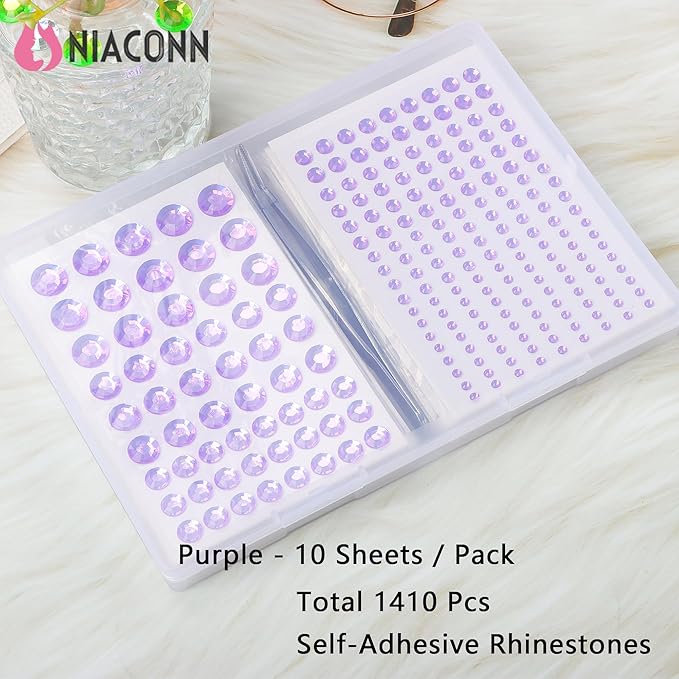 NIACONN 1760 Pcs Purple Hair Jewels Face Gems Stick on, Self Adhesive Glitter Rhinestones Stickers for Women Body Eyes Nails Festival Halloween Makeup & Crafts